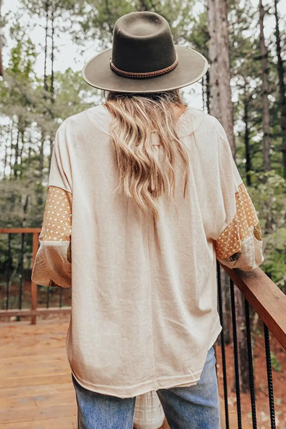 Palm Leaves Polka Dot Puff Sleeve Patchwork V Neck Loose Blouse
