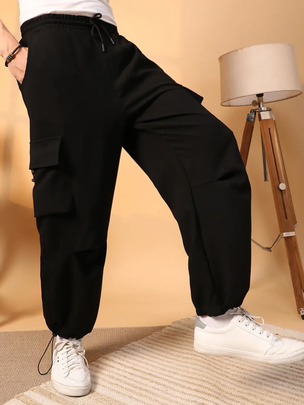 Black Mid-Rise Cargo Parachute Trousers