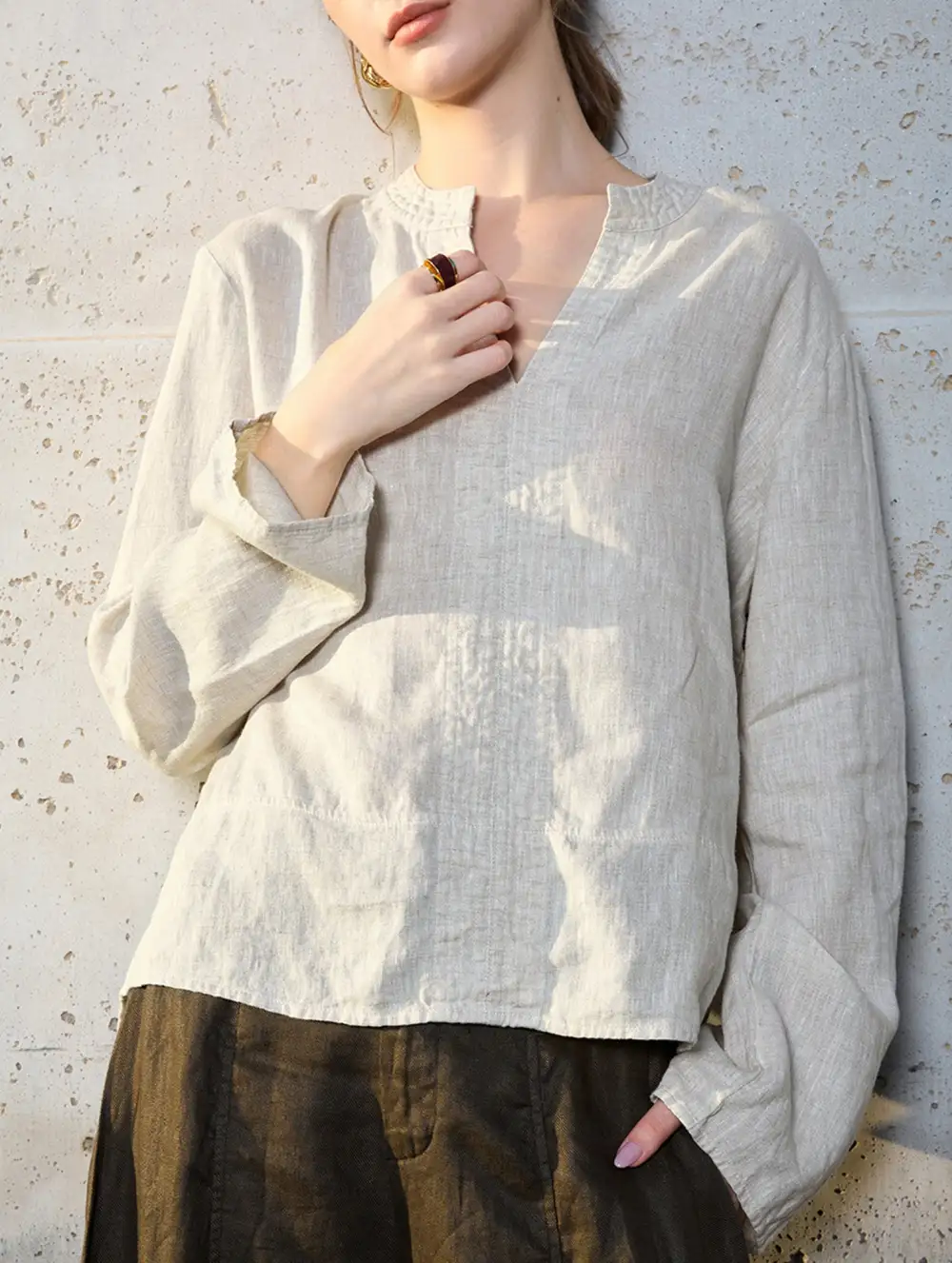 Pure Linen V Neck Long Sleeve Work Tee