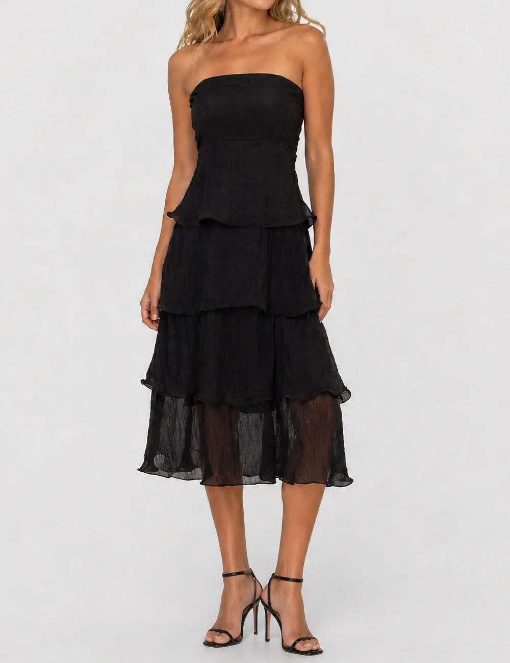 Chic Crinkle Strapless Tiered Ruffle Tube Midi Dress