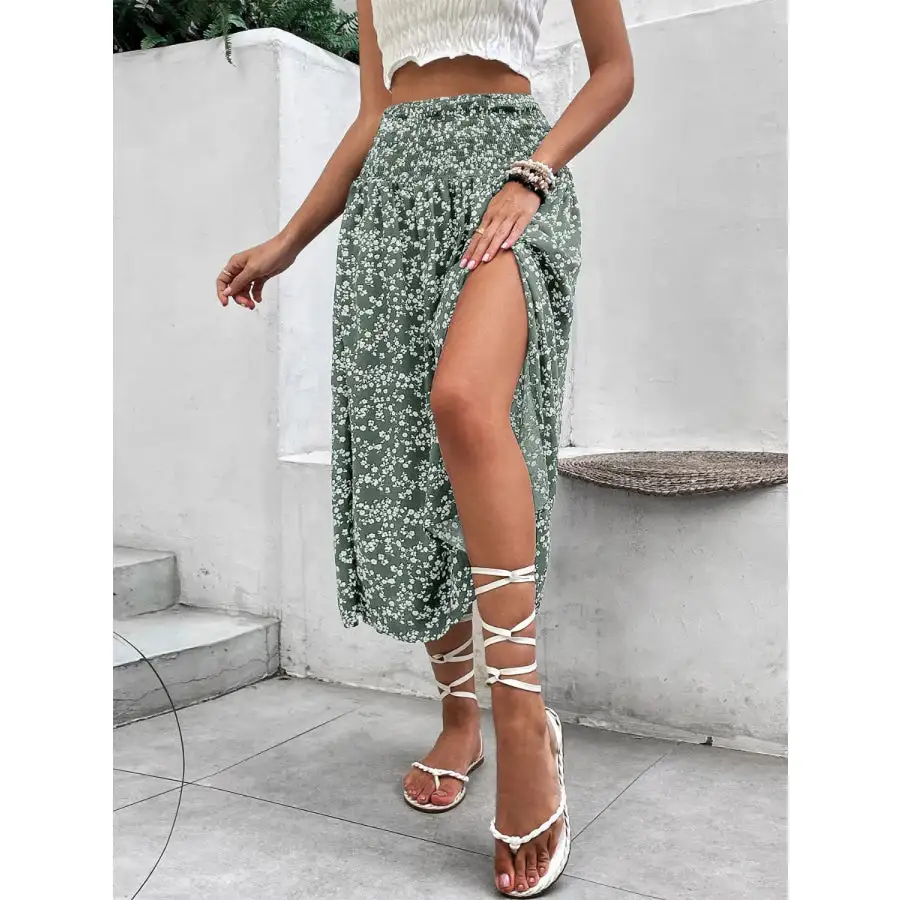 Slit Smocked Printed Skirt