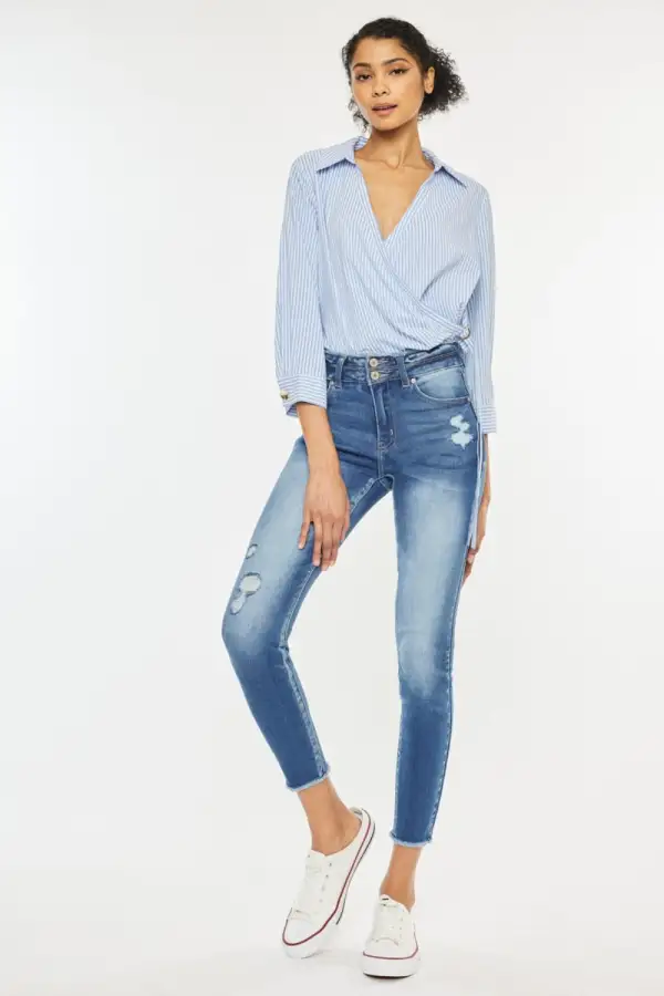 High Waist Raw Hem Distressed Denim Jeans