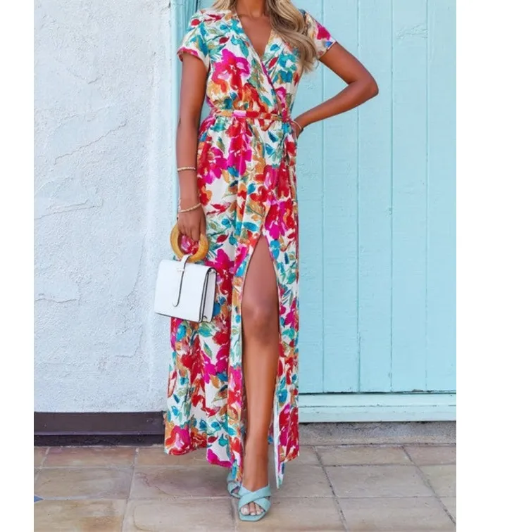 Printed Surplice Short Sleeve Tie Waist Maxi Dress