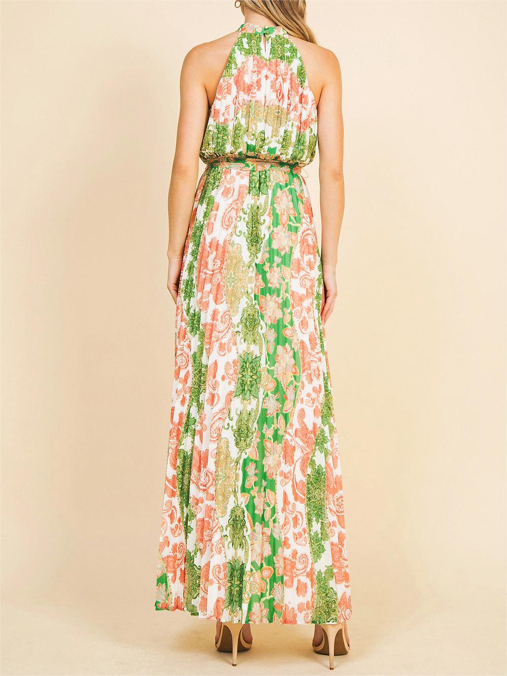 Green and Orange Pleated Maxi Dress