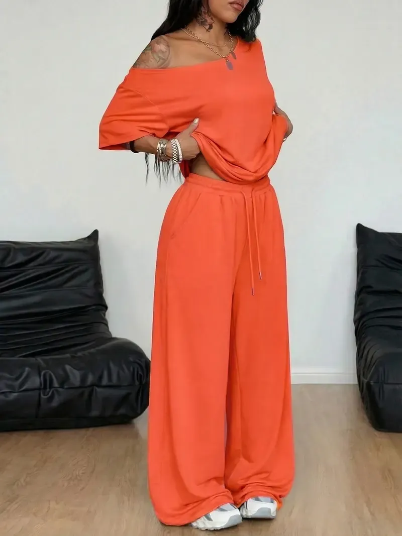 🔥Hot Sale💥Women's Off-Shoulder T-Shirt And Wide-Leg Pants Two-Piece Set🔥8-SETS- All Colors Included