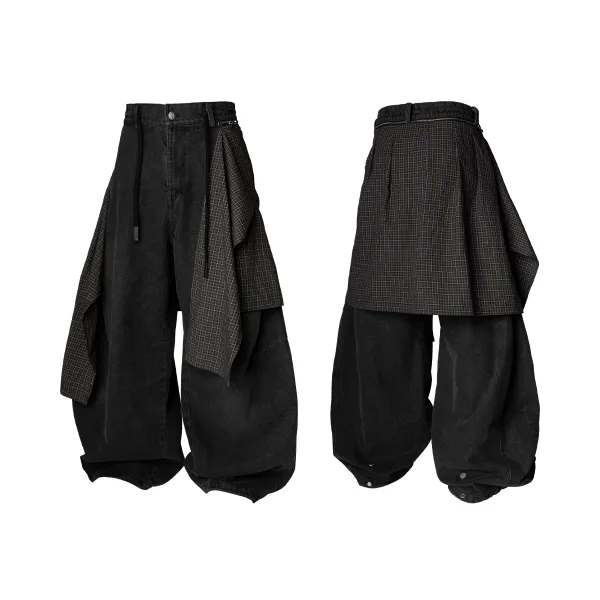Convertible Plaid Drape Barrel Jeans