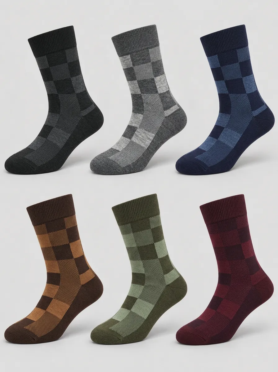 Men's Multicolor Checkered Pattern Ribbed Crew Socks 6-Pack