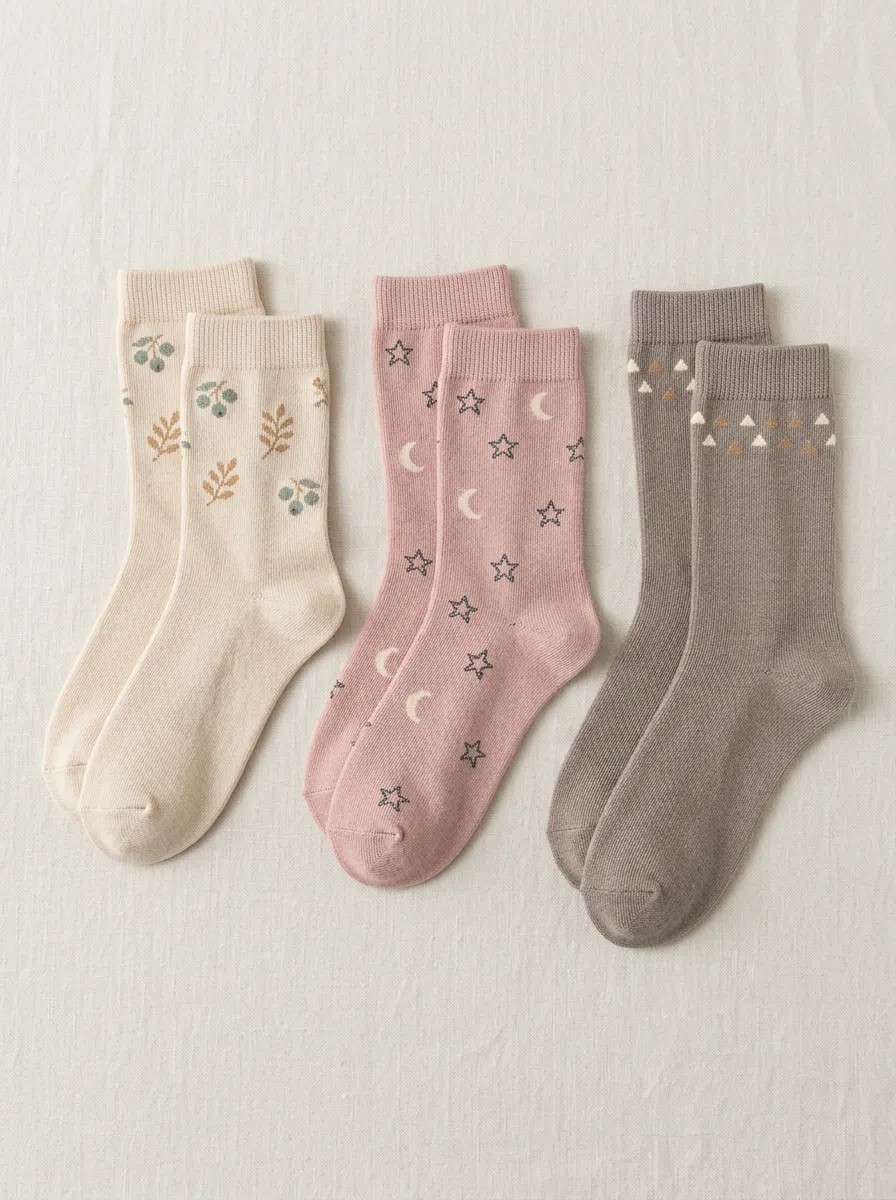 Women's Geometric Celestial Botanical Ribbed Crew Socks Three Pair Set