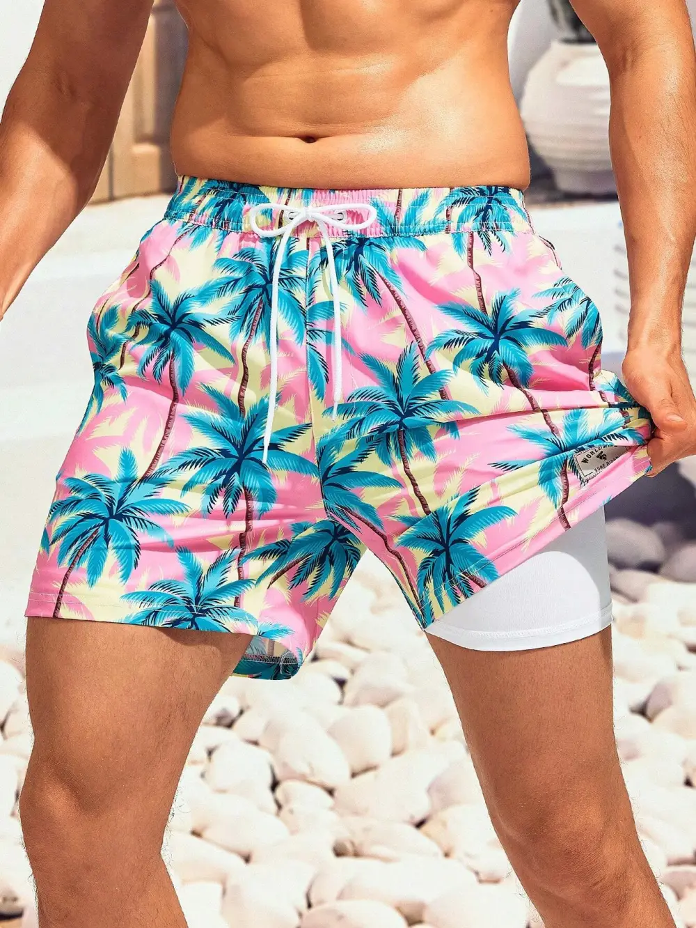 Men's Pocket Coconut Tree Print Drawstring Beach Shorts