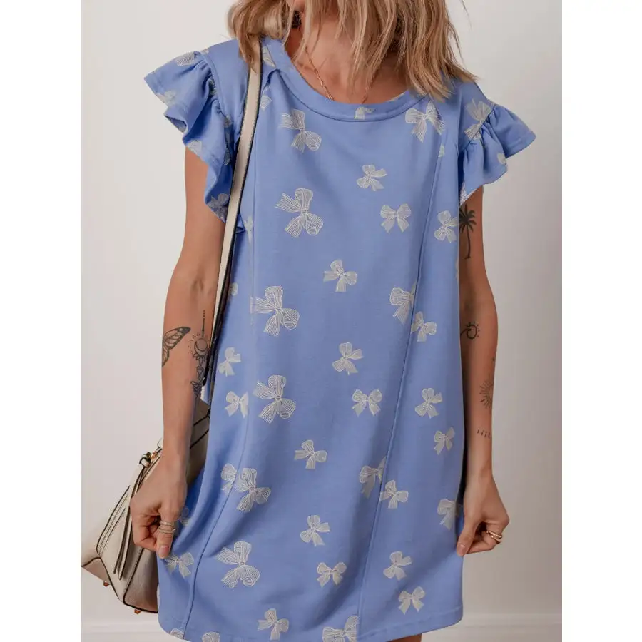 Bow Knot Crewneck Ruffled Sleeve Shift Mini Dress