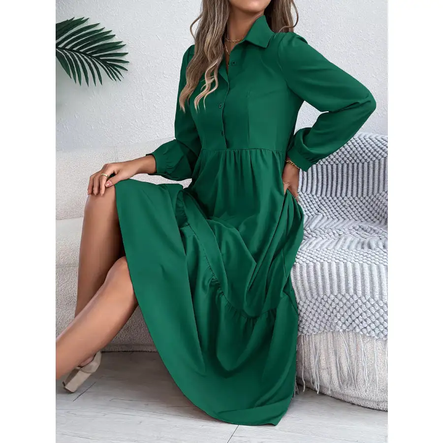 Long Sleeve Tiered Button Front Midi Dress