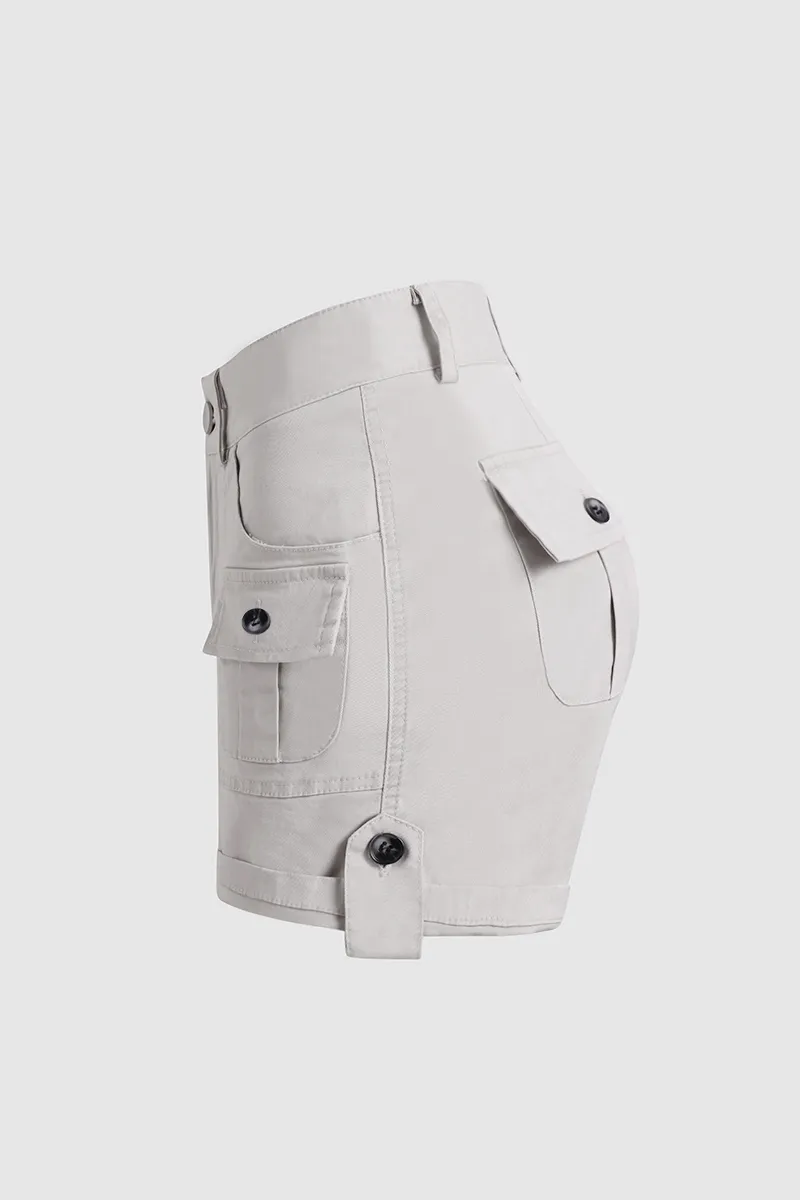 Flap Pocket Roll Tab Hem Mid Waist Shorts