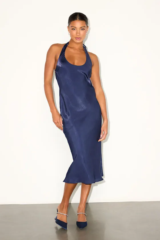 Olandria Navy Blue Halter Midi Slip Dress