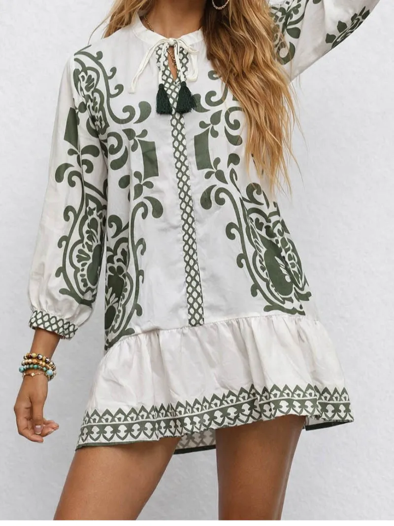 Boho Fringle Neck Long Sleeves Mini Dress