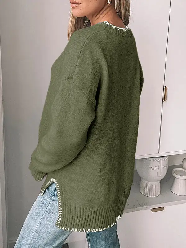 High Low Split Hem Paneled Round Neck Long Sleeve Pullover Sweater