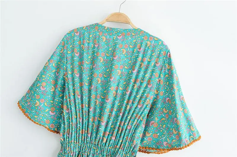 V-Neck Short Sleeve Boho Maxi Dress