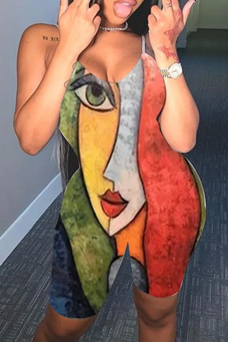 Sexy Print Split Joint V Neck Skinny Jumpsuits