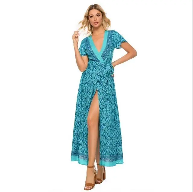 Short Sleeve Boho Floral High Split Maxi Dress