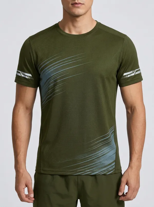 Men's Running Sports Reflective Strip Printed Quick Dry T-Shirt