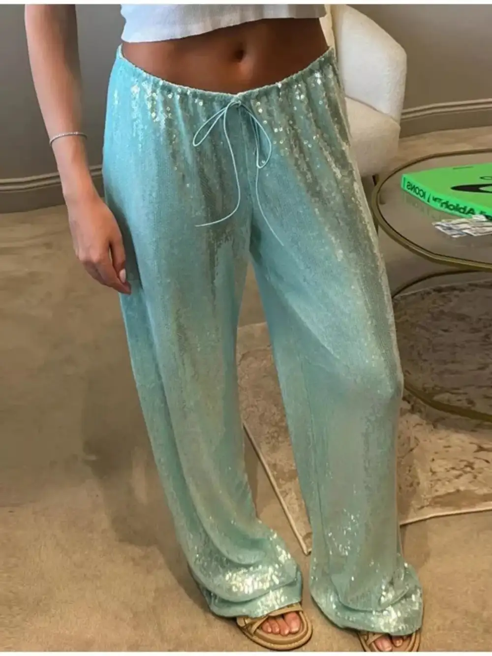 Wide Leg Sequin Drawstring Pocketed Pants