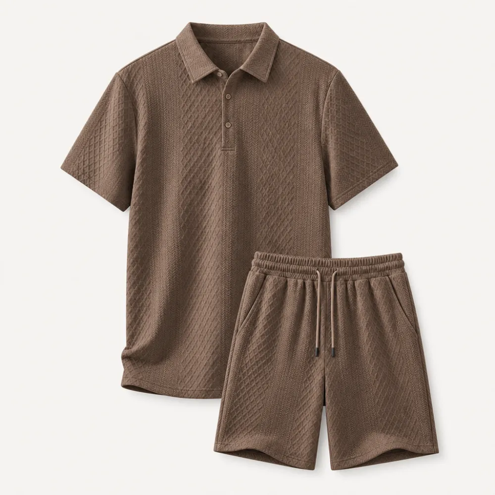Men's Textured Knit Polo & Shorts Set