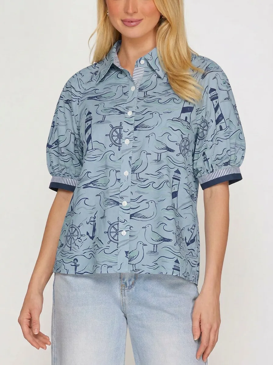 Women's Nautical Seaside Seagull Lighthouse Printed Shirt