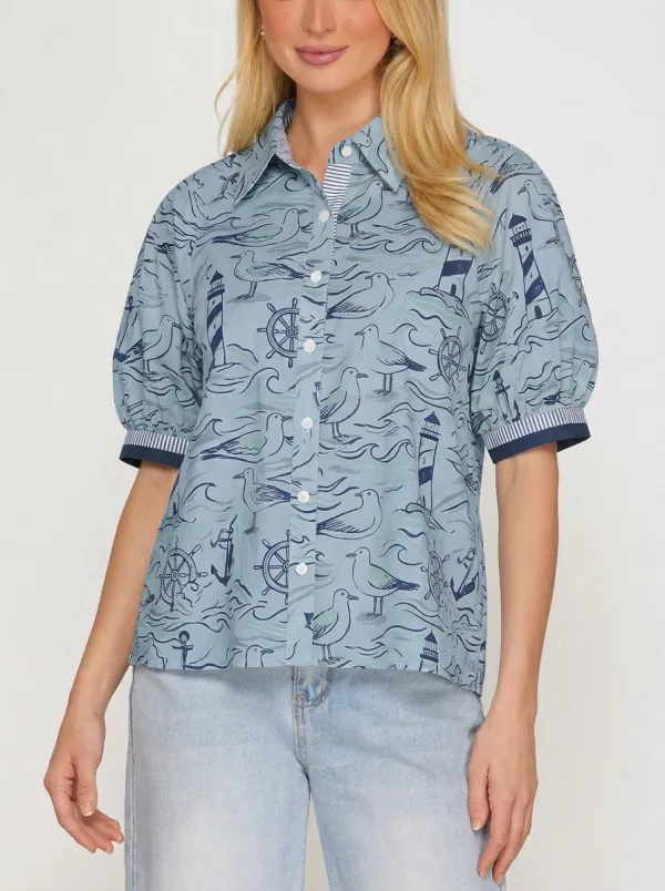 Women's Nautical Seaside Seagull Lighthouse Printed Shirt