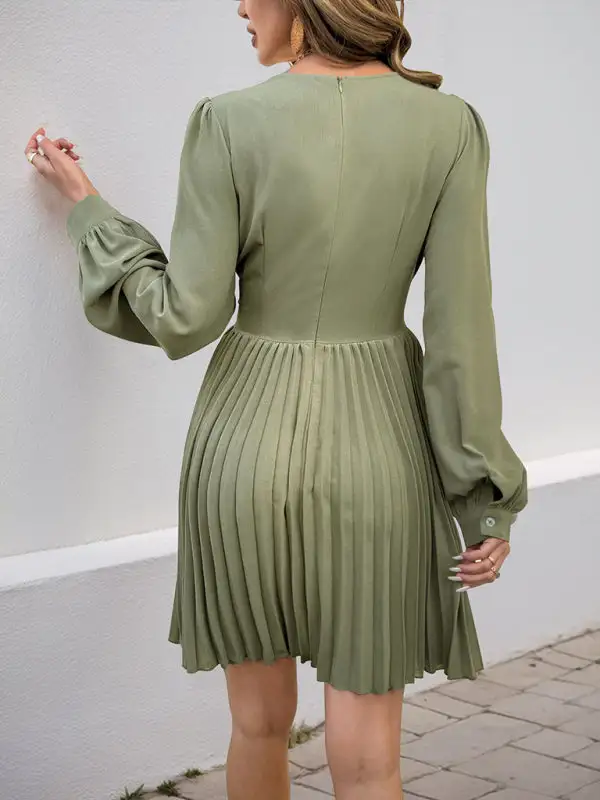 V Neck Pleated Long Sleeve Dress Casual