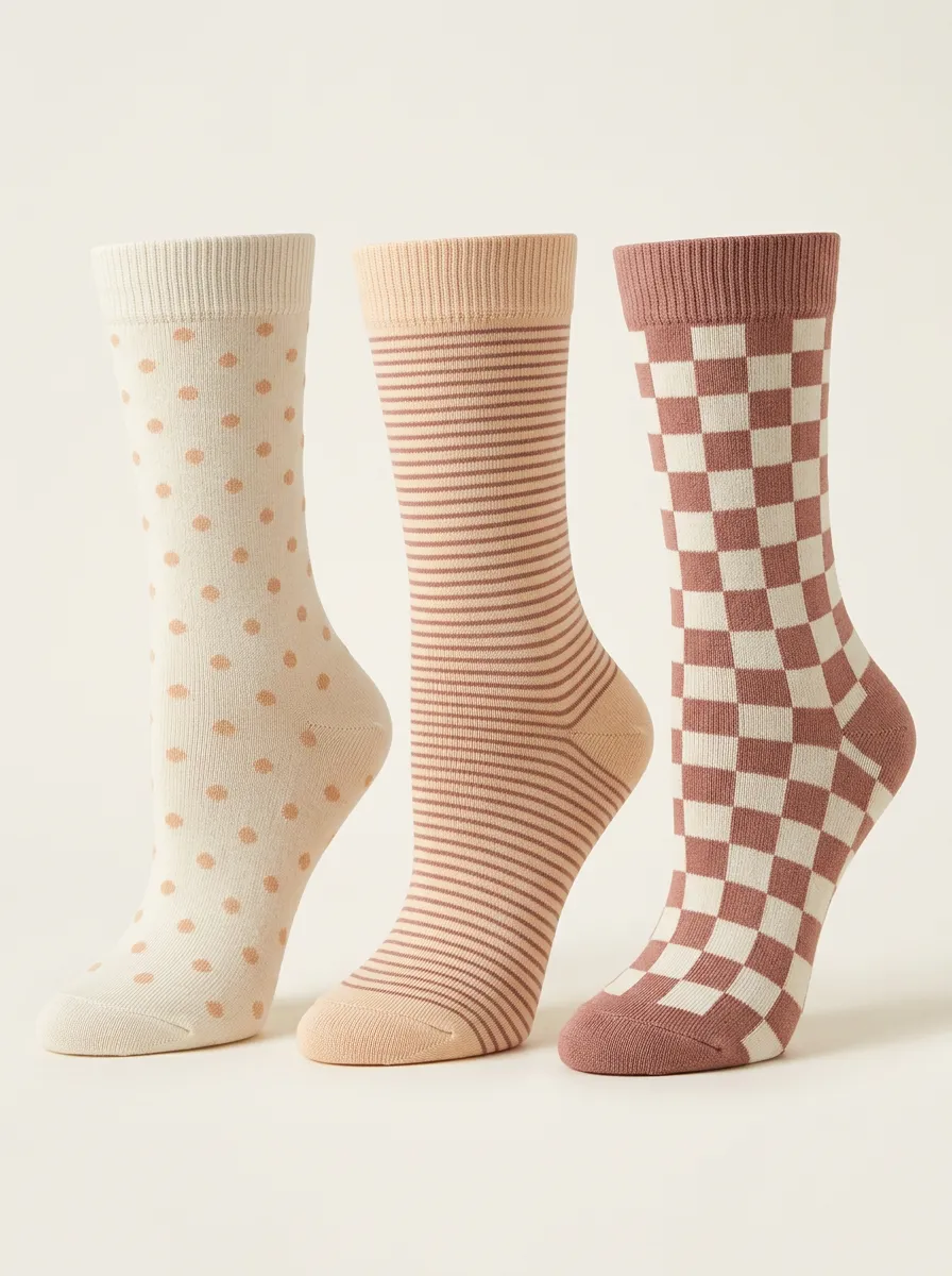 Patterned Polka Dot Striped Checkerboard Three Pair Sock Set