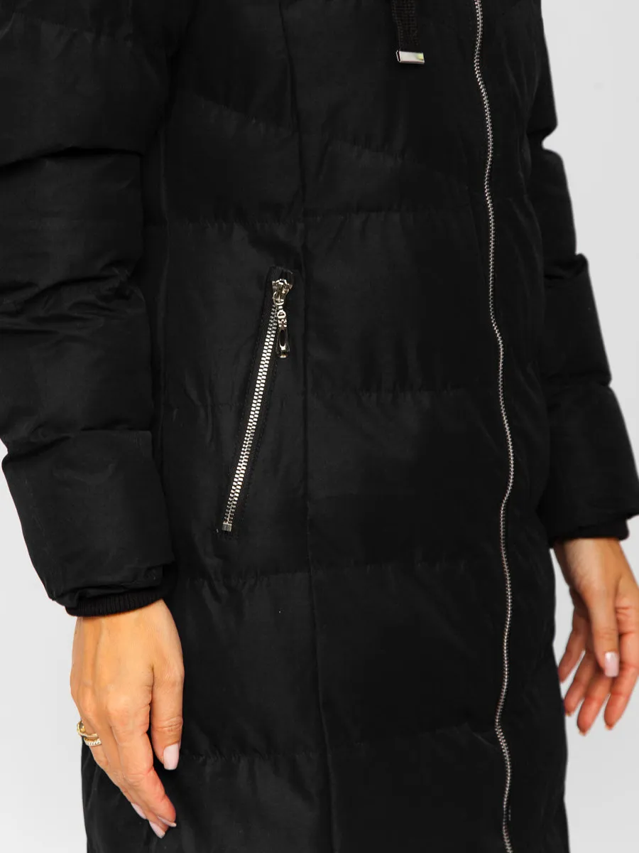 Black women's long quilted winter jacket with hood