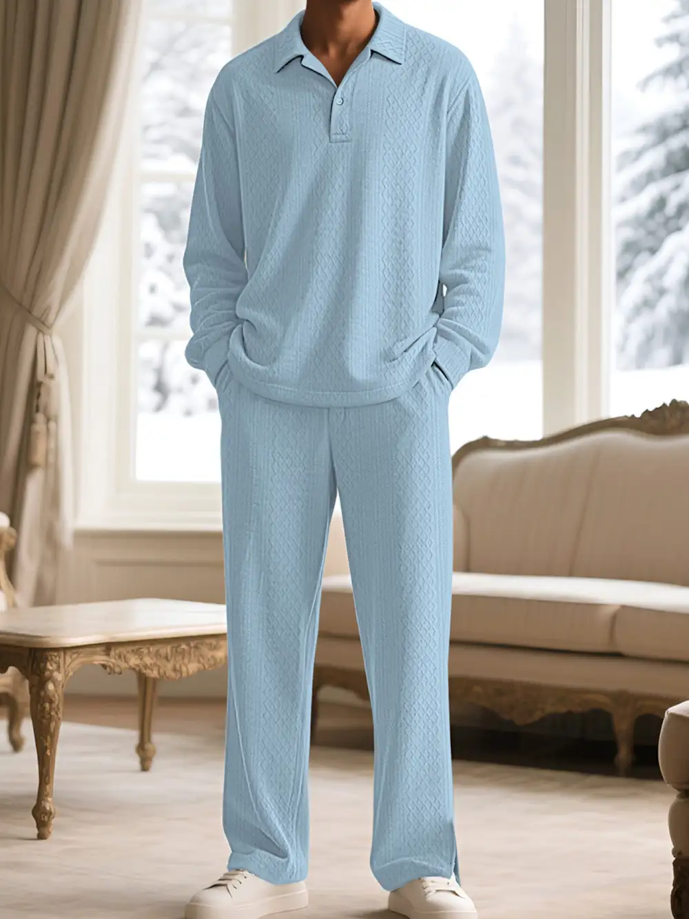 Men's Full Size Textured Long Sleeve Top and Pants Set