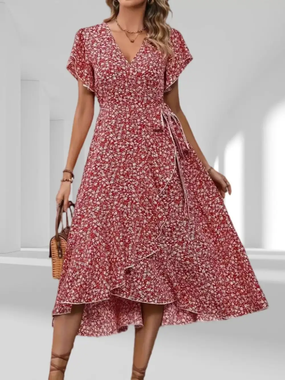 Print Ruffle Hem Wrap Midi Dress