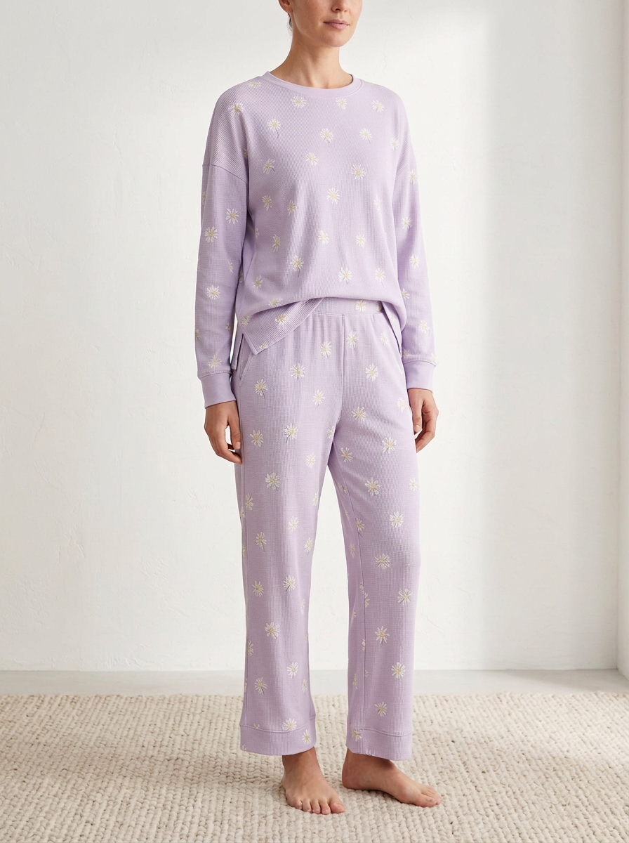 Women's Daisy Waffle-Texture Straight-Leg Lounge Set
