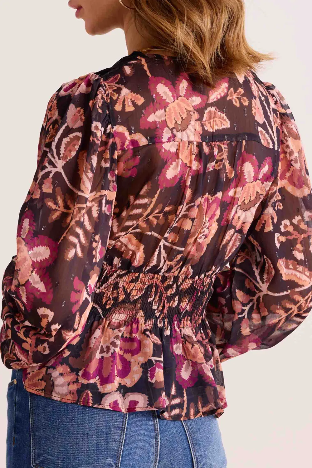 Floral Print Velvet Trim Belted Long Sleeve Blouse