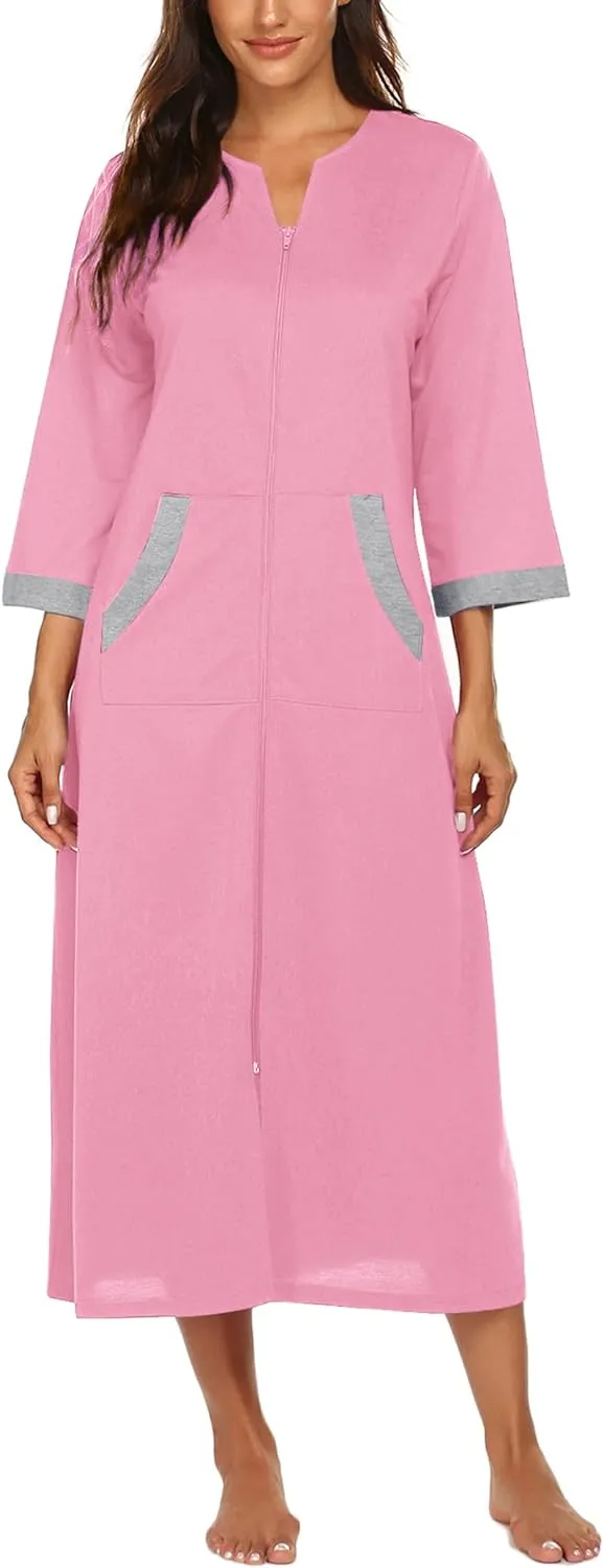 50% OFF Women Zipper Robe 3/4 Sleeves Loungewear Dress Full Length Sleepwear Pockets Housecoat Nightgown Long Bathrobe