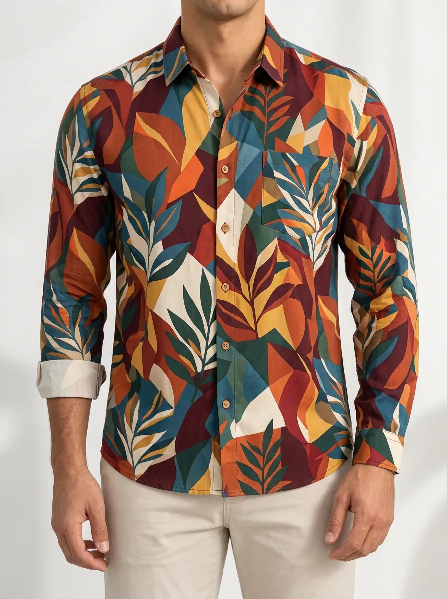 Men's Tropical and Geometric Long Sleeve Casual Shirt
