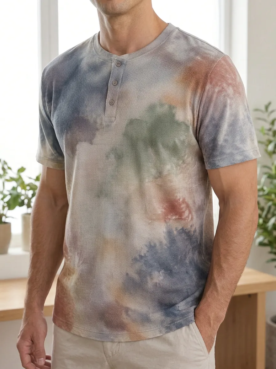 Men's Classic Tie-Dye Waffle Knit Henley T-Shirt