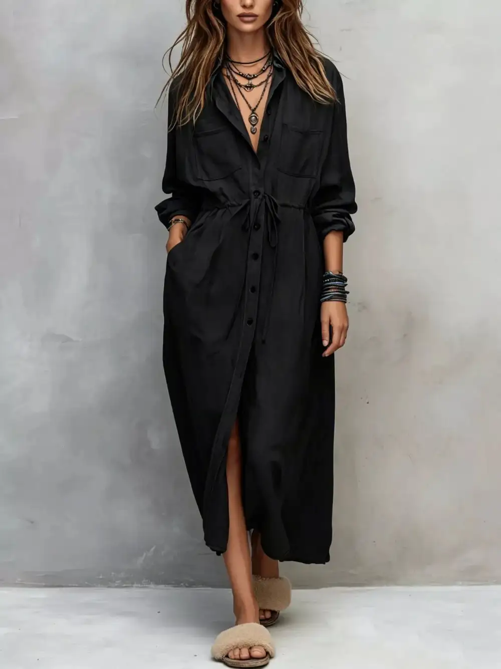 Button Front Long Sleeve Drawstring Waist Shirt Dress