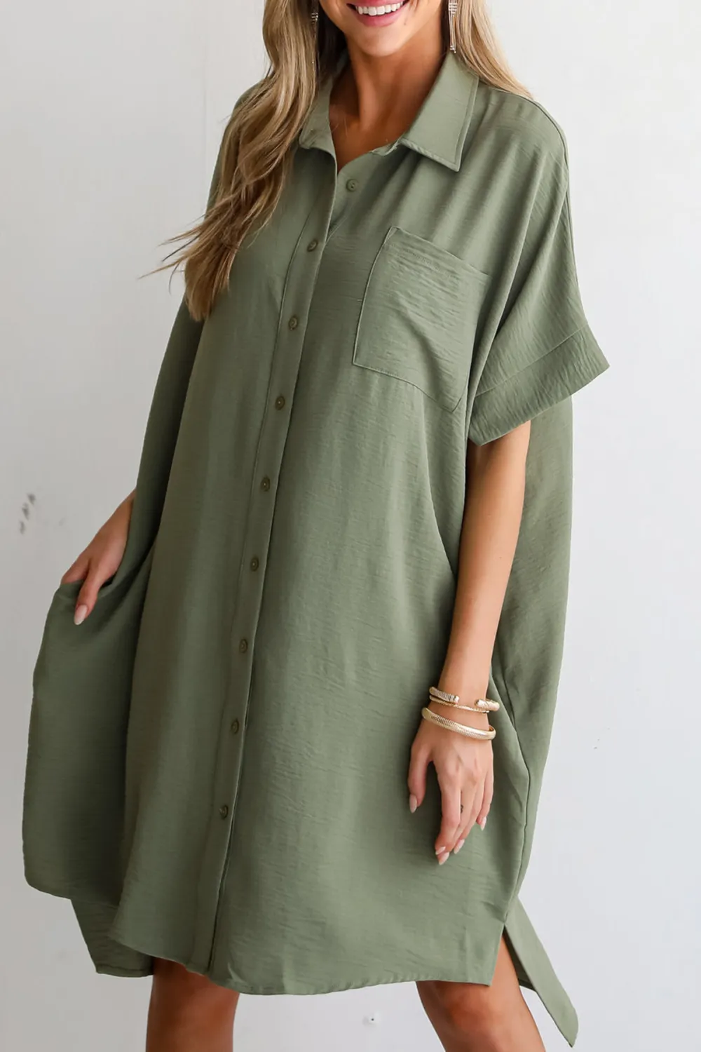 Green Button Front Midi Dress