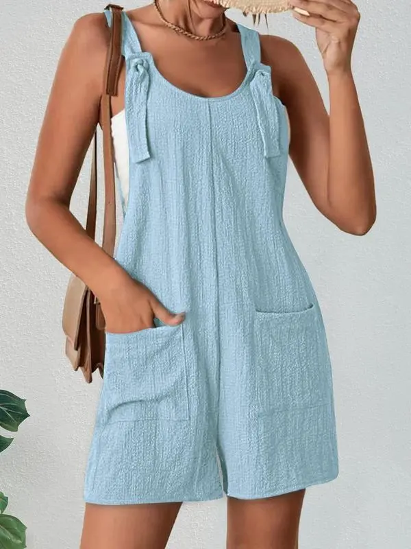 Women’s Textured Adjustable Straps Pockets Overalls – Casual Sleeveless One-Piece Romper for Summer