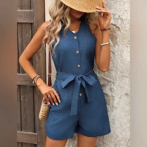 V-neck Romper Jumpsuit Sleeveless, Button Front, Tie-waist With Pockets S Xl