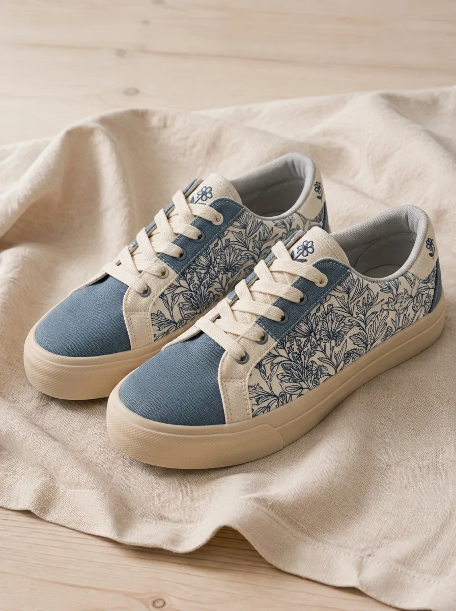 Women's Botanical Floral Blue Printed Canvas Sneakers