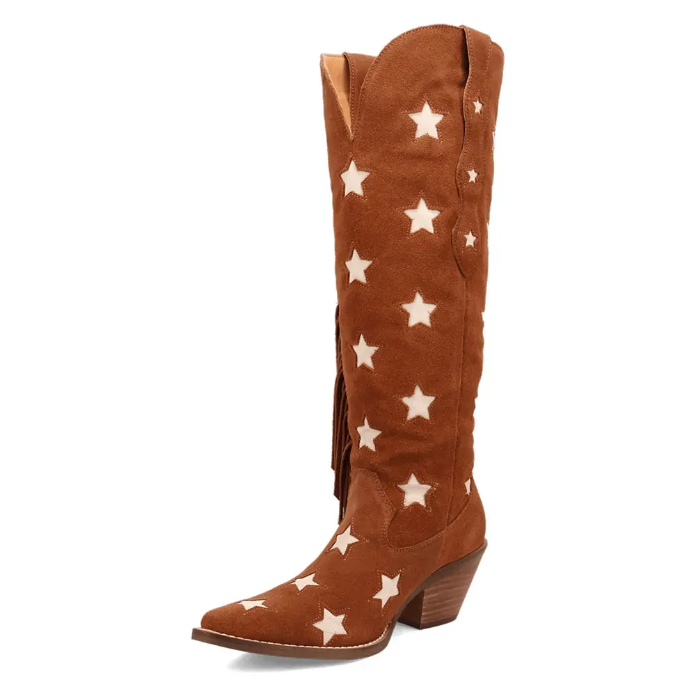 Faux-Suede Snip-Toe Chunky-Heel Platform Knee-Length Western Boots