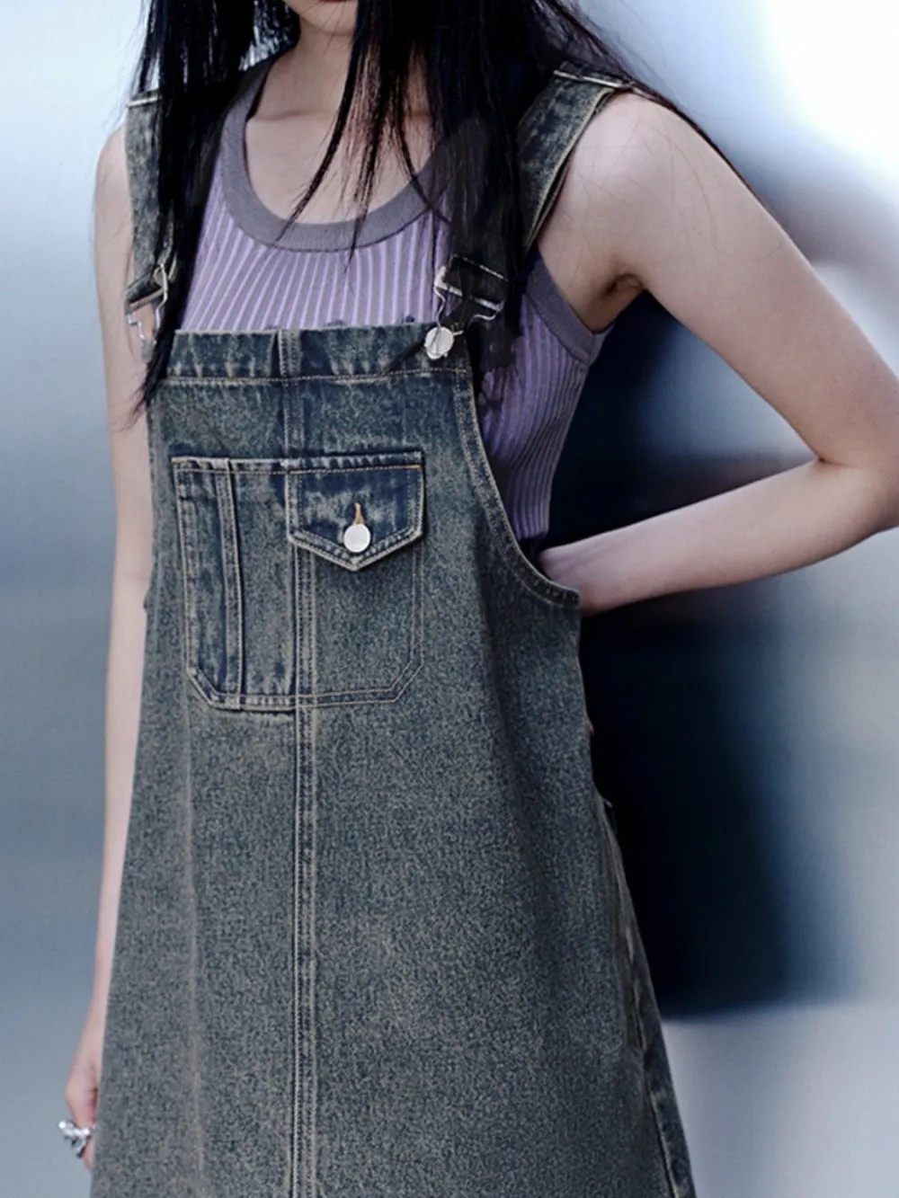 Vintage Washed Denim Overall Dress