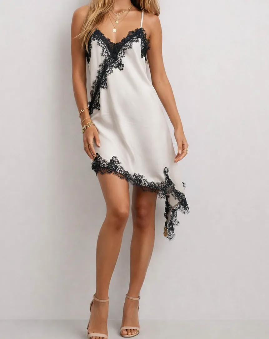 Satin V Neck Lace Trim Irregular Hem Cami Midi Dress