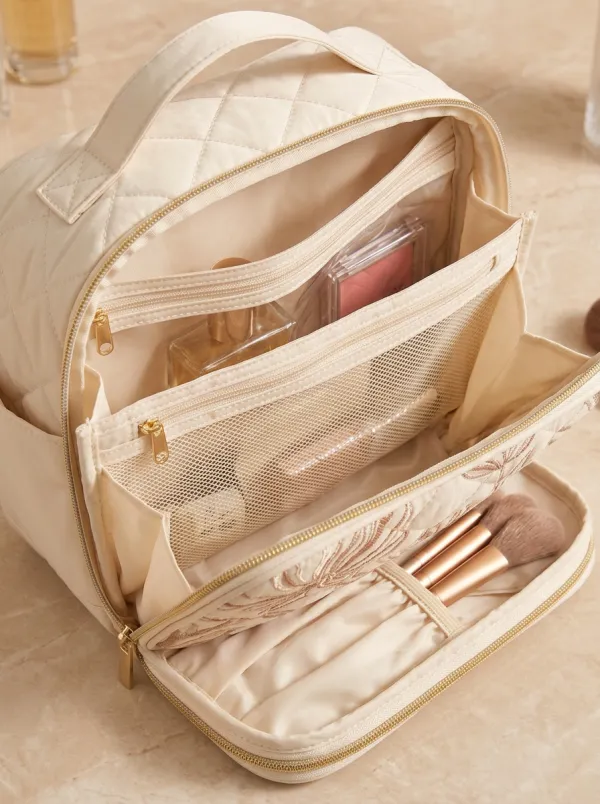 Floral Embroidery Quilted Beige Printed Makeup Bag
