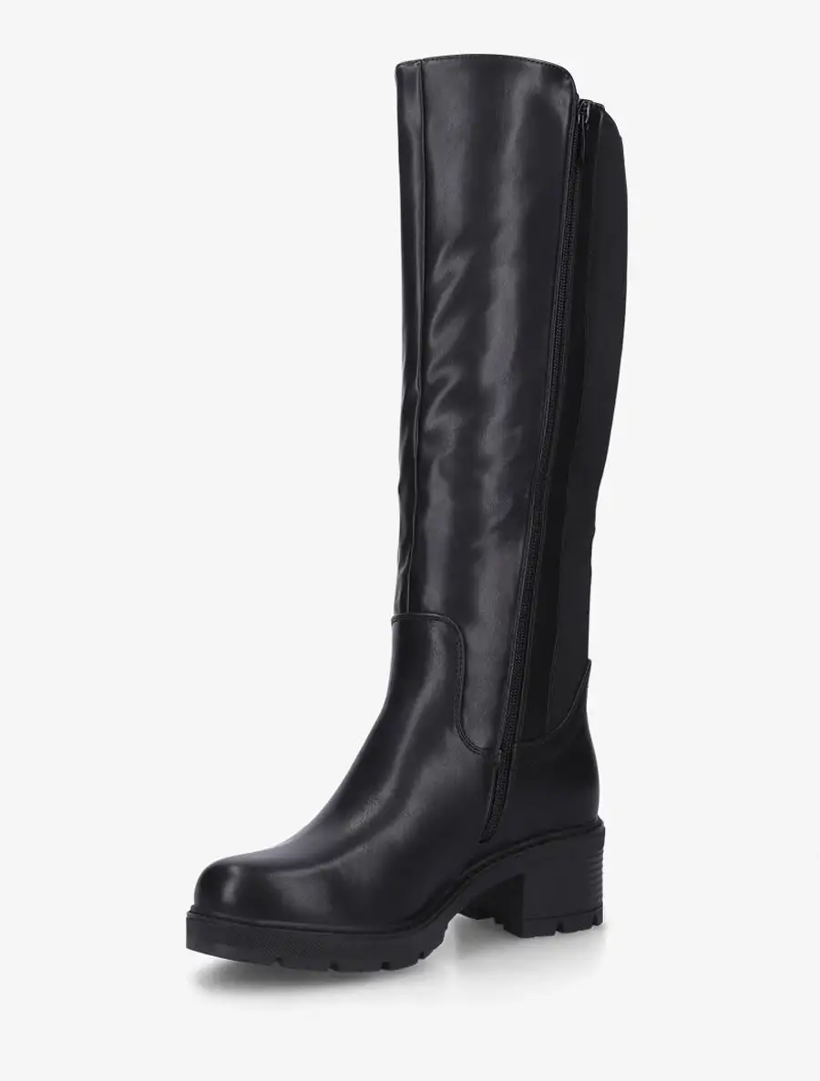 Soft Finish Stretch Panel Block Heel Faux Leather Knee High Boots
