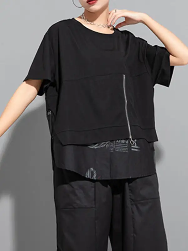 Layered Look Relaxed Printing Panel Detail Round Neck T-Shirt