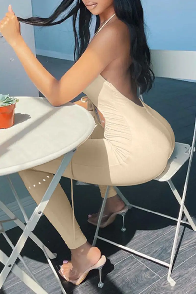 Sexy Casual Solid Bandage Hollowed Out Backless Halter Skinny Jumpsuits