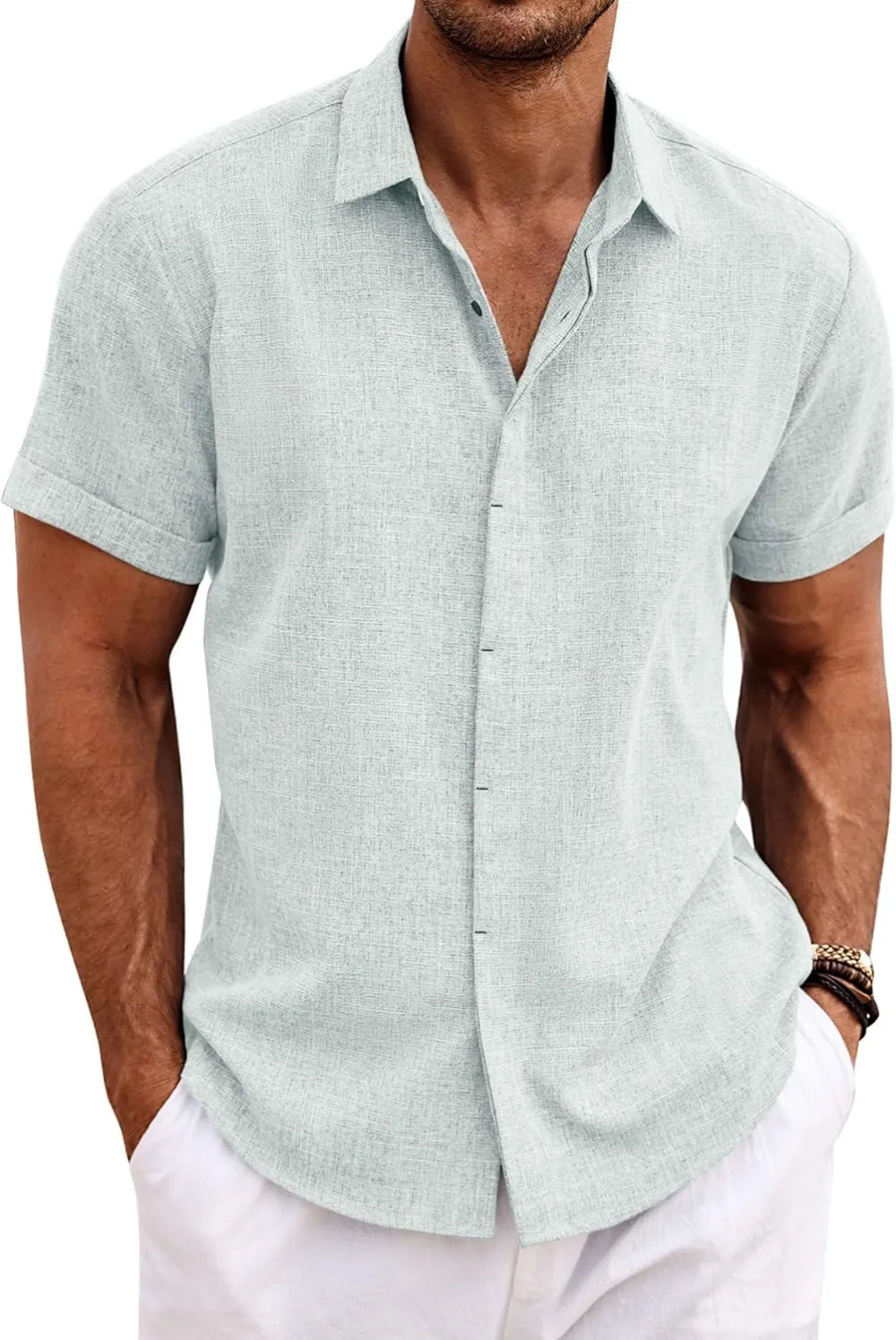 Men's Linen Shirts Short Sleeve Casual Shirts Button Down Shirt for Men Beach Summer Wedding Shirt